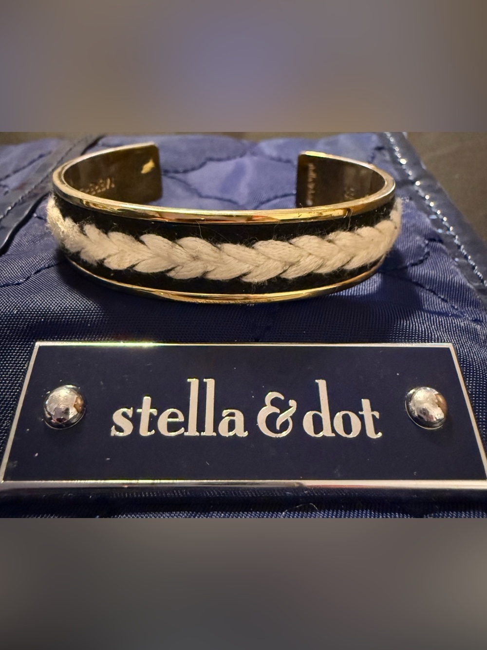 Stella & Dot Black and Cream Braided Cuff Bracelet with Gold Trim